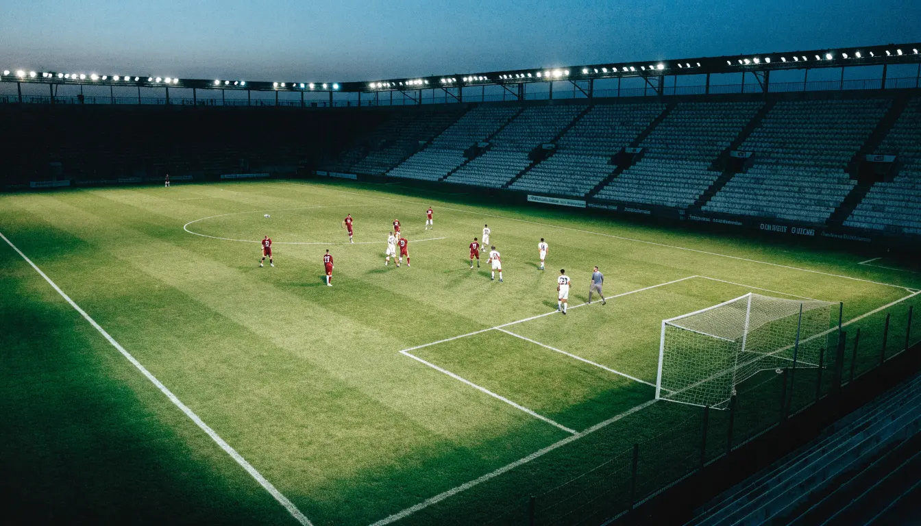 Eine leere Stadiontribüne unter Flutlicht aus der Ferne betrachtet, die Rasenfläche leuchtet grün in der Dämmerung.