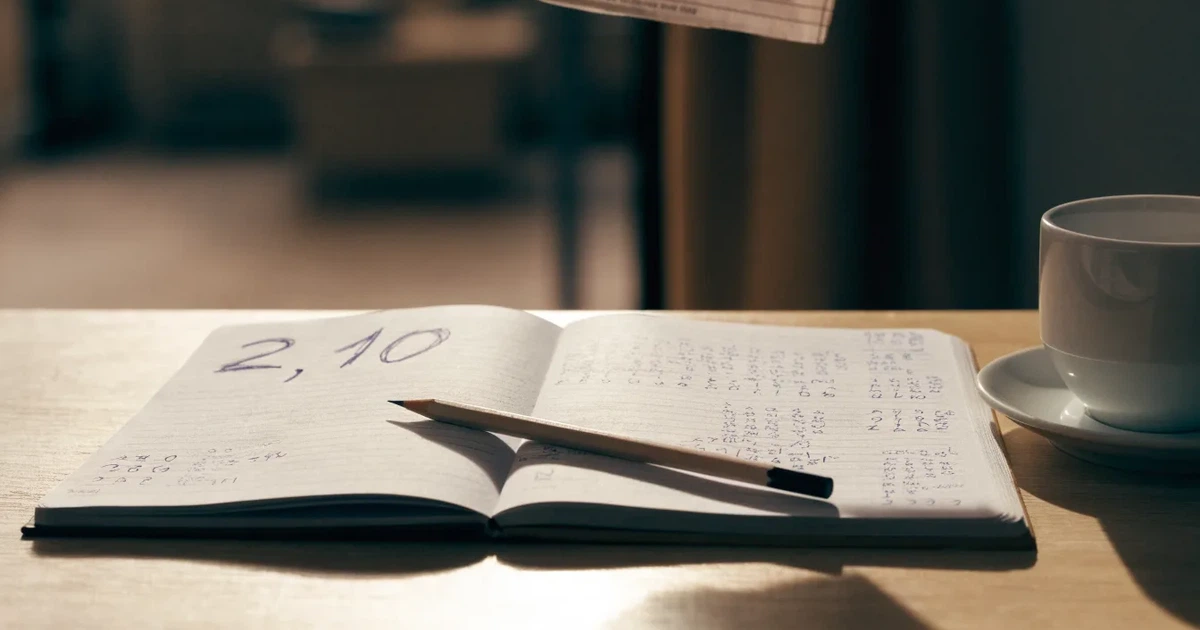 Handschriftliche Zahlenkolonnen in einem Notizbuch, daneben ein Bleistift und eine Tasse Kaffee auf hellem Holz.