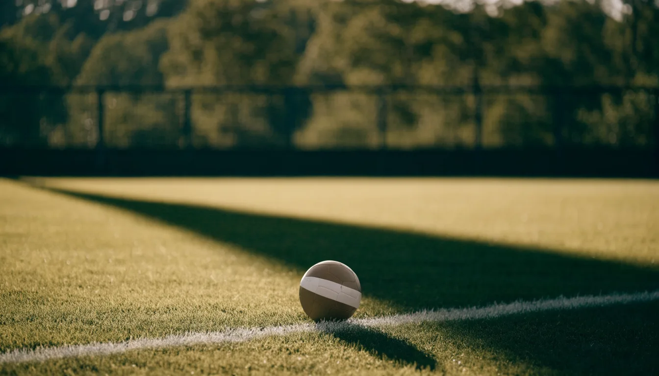 Ein Fußball liegt am Rand eines Rasens neben einer weißen Linie, im Hintergrund ein Zaun in der Abendsonne.