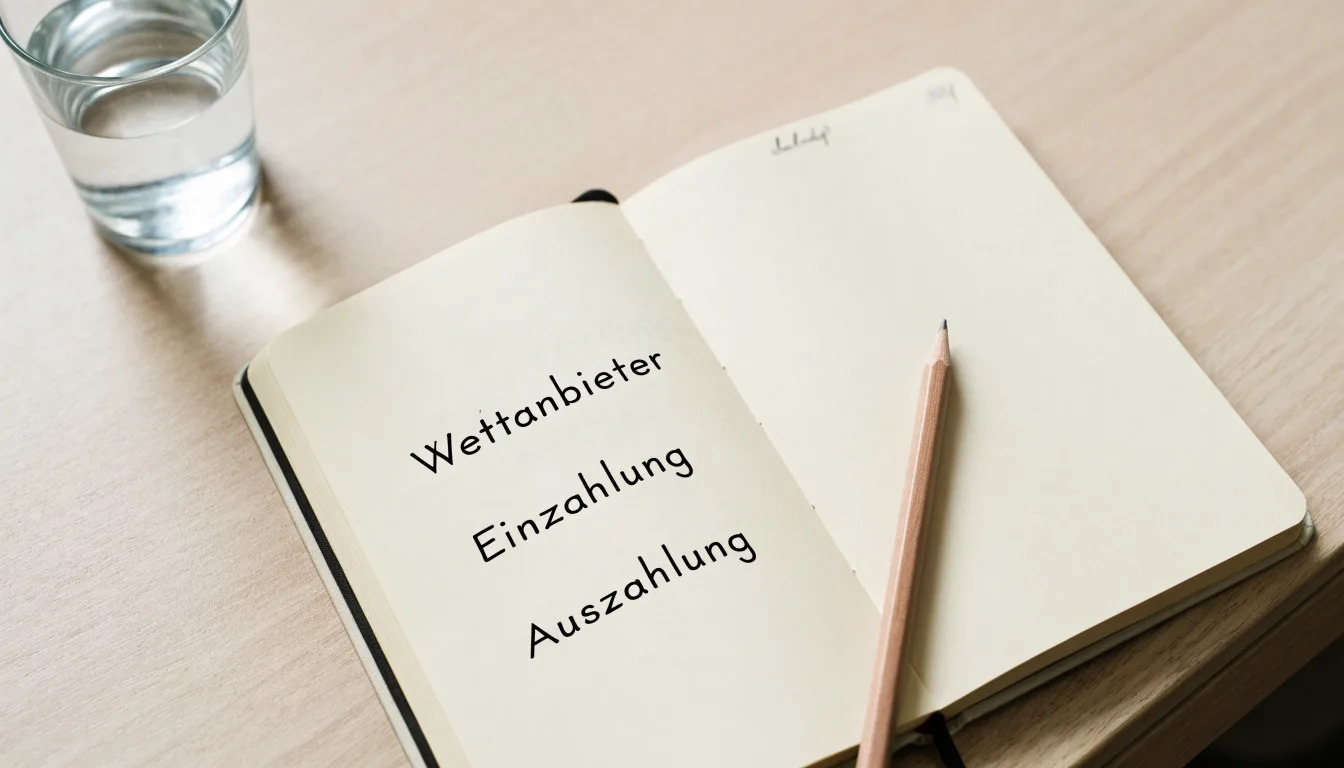 Ein Notizbuch und ein Bleistift liegen neben einem Glas Wasser auf einem hellen Tisch.