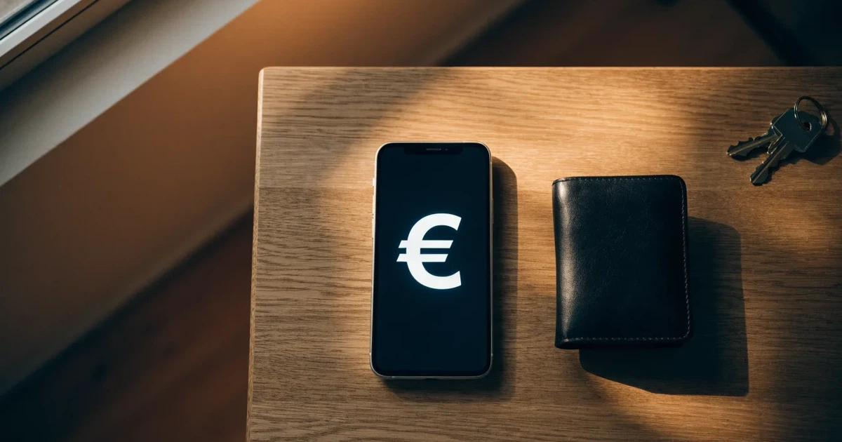Ein Smartphone mit dunklem Display liegt neben einer Geldbörse und einem Schlüssel auf einem Tisch.