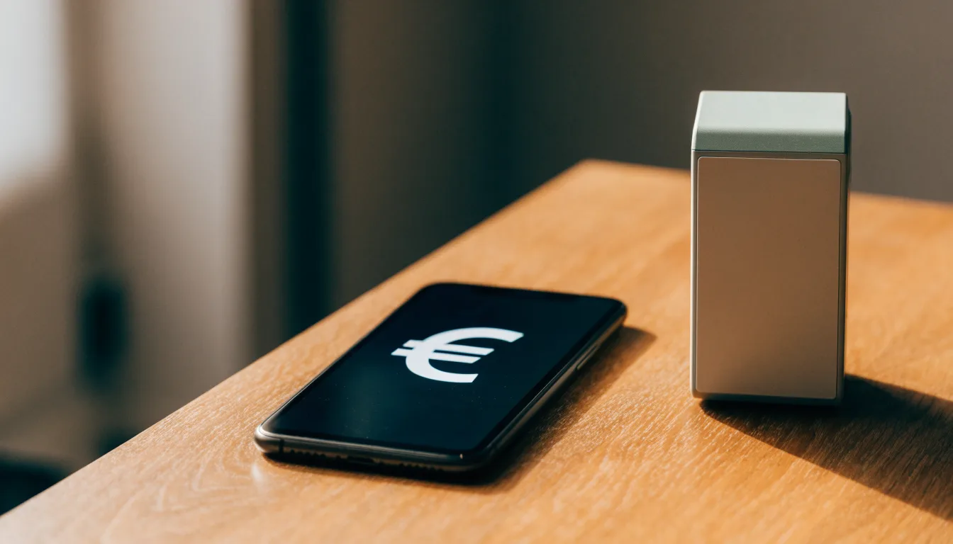 Eine Bankkarte ohne Aufdruck liegt neben einem Smartphone mit dunklem Display auf einem Holztisch.