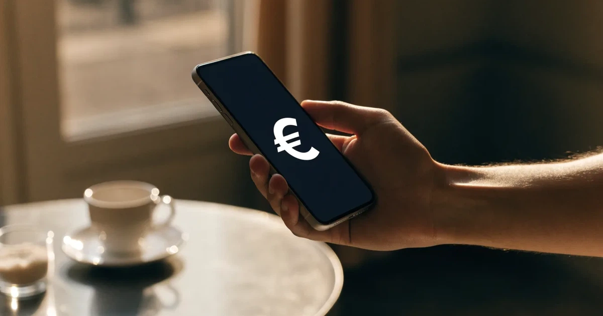 Eine Hand hält ein Smartphone dicht an ein Kartenlesegerät ohne erkennbare Beschriftung in einem Café.