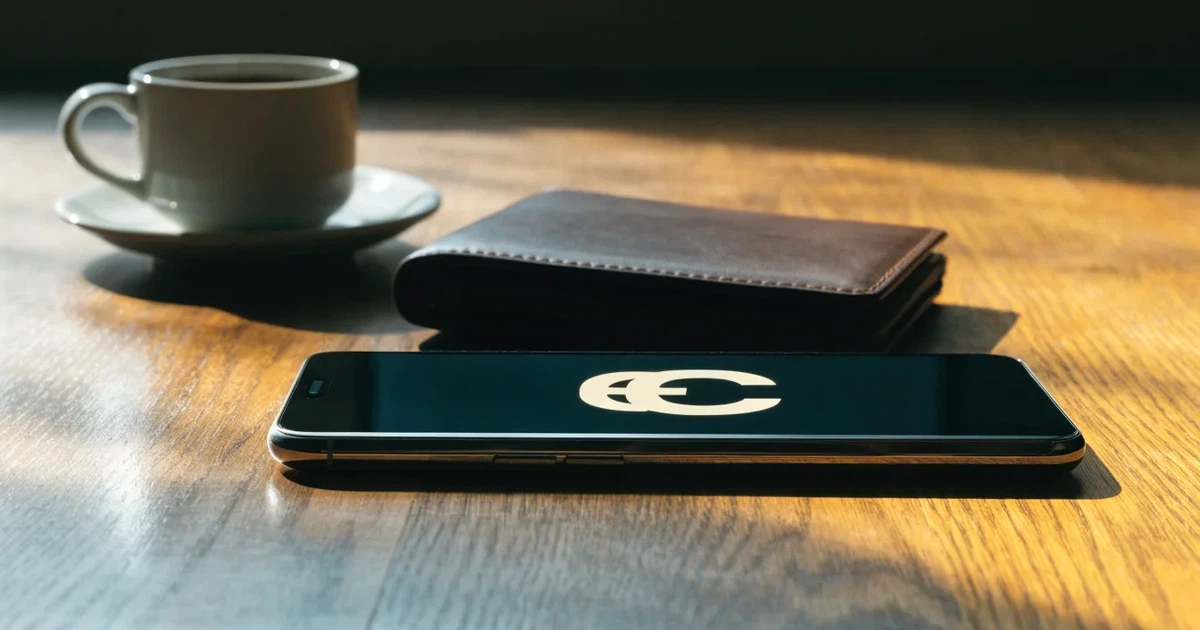 Ein Smartphone mit dunklem Display liegt auf einem Tisch neben einer Geldbörse und einer Tasse Kaffee.