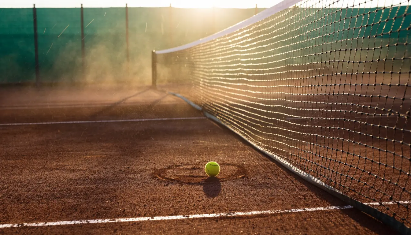 Ein Tennisplatz aus Sand bei Sonnenaufgang, das Netz im Gegenlicht, kein Mensch zu sehen.