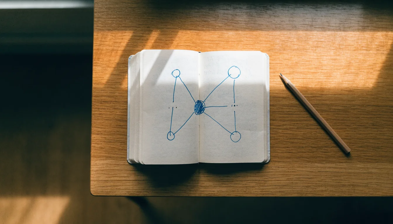 Ein Notizbuch mit handgezeichneten Knoten und Linien liegt neben einem Bleistift auf einem Schreibtisch.