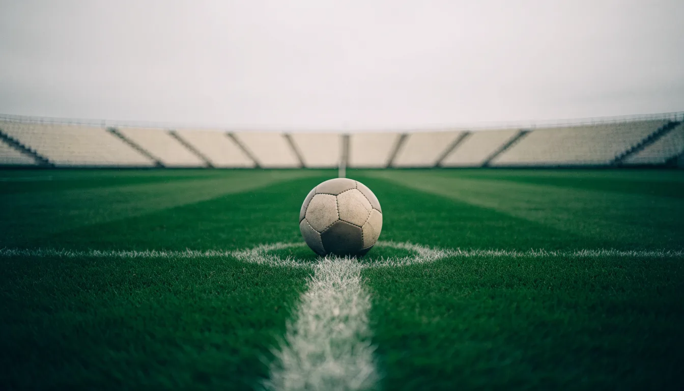 Ein Fußball liegt auf dem Anstoßpunkt eines leeren Rasenplatzes, im Hintergrund eine ruhige Tribüne unter bedecktem Himmel.