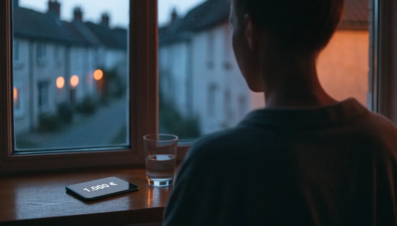 Die Silhouette einer Person sitzt am Abend am Fenster und blickt auf eine Straße, auf dem Fensterbrett steht ein Glas Wasser.