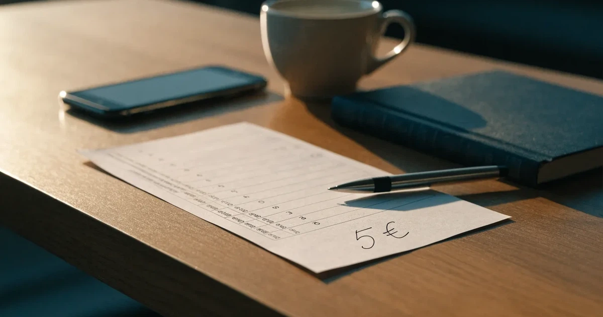 Ein Holzschreibtisch im Morgenlicht mit geschlossenem Notizbuch, Kugelschreiber und Kaffeetasse, daneben ein Smartphone mit dunklem Bildschirm.