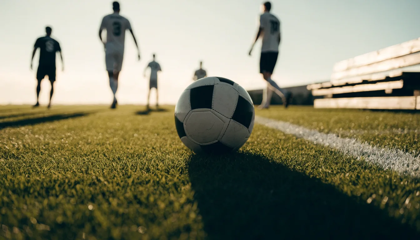 Ein Fußball auf einem Rasenplatz im Gegenlicht der tiefstehenden Sonne, am Spielfeldrand eine leere Ersatzbank.