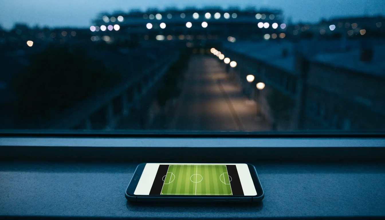 Ein Stadion unter Flutlicht aus der Ferne gesehen, davor eine dunkle Straße mit Laternen und ohne Menschen.