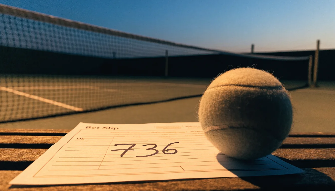 Ein Tennisplatz in der Dämmerung, Netz und Linien im Zwielicht, ohne Menschen und mit ruhigem Himmel.