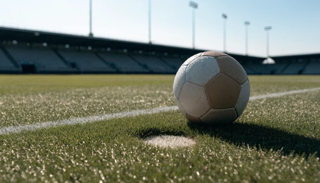 Ein Fußball liegt am Spielfeldrand eines Rasenplatzes, im Hintergrund eine leere Tribüne unter hellem Himmel.