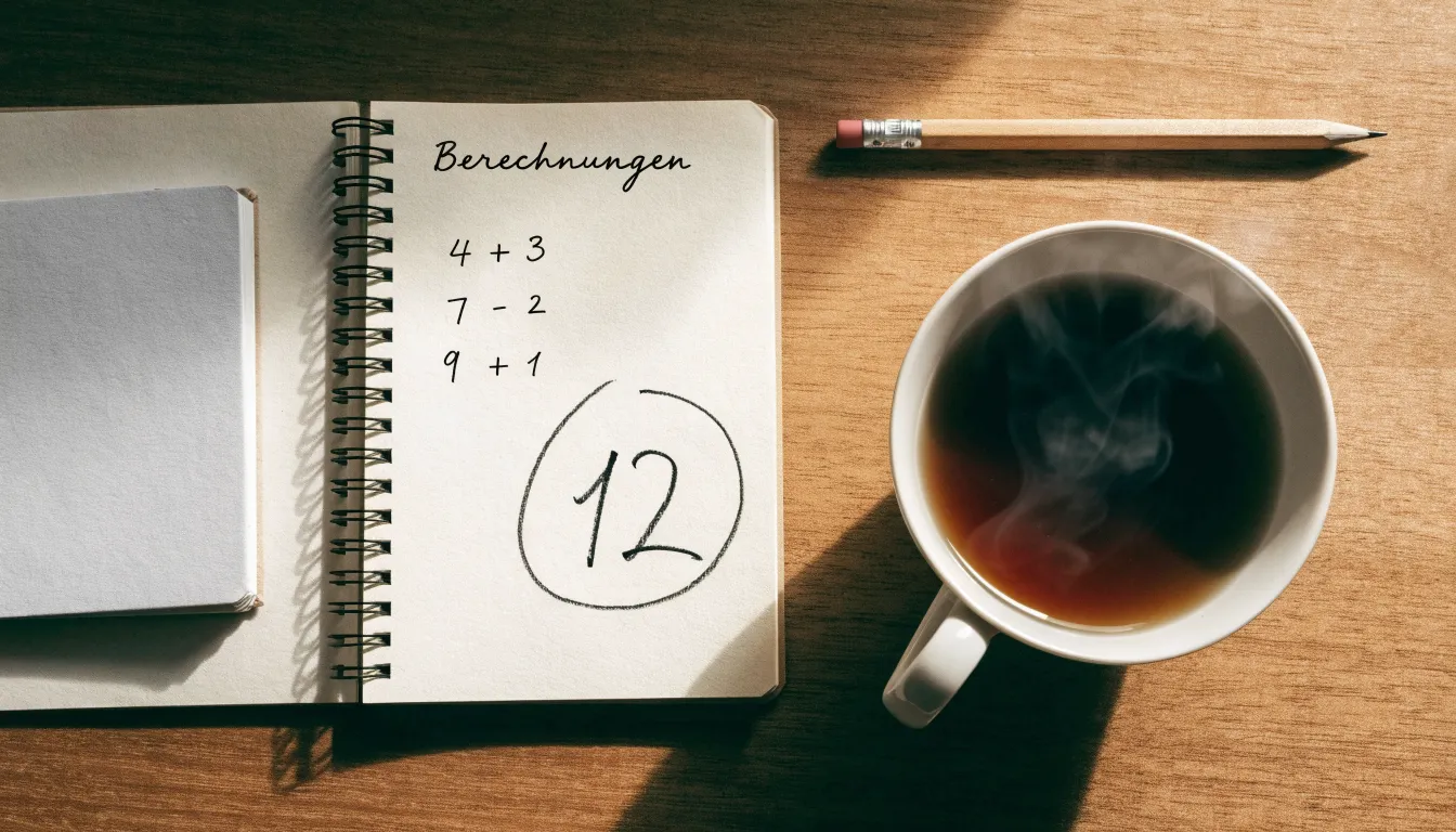 Ein Notizbuch mit handgeschriebenen Rechnungen und ein Taschenrechner auf einem Schreibtisch neben einer Teetasse.
