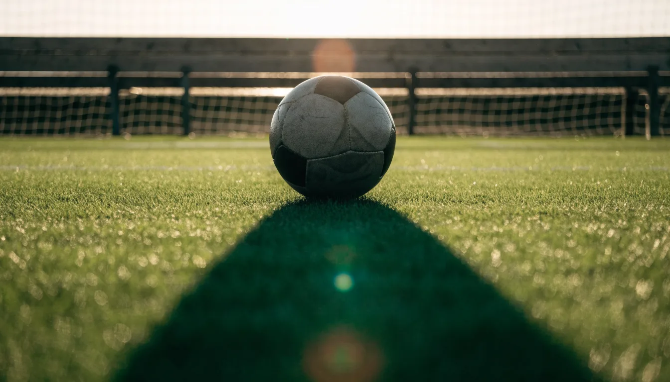 Ein Fußball auf einem Rasenplatz im Gegenlicht der tiefstehenden Sonne, am Rand eine leere Ersatzbank.