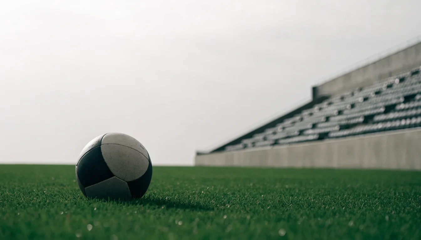 Ein Fußball auf einem Rasen, im Hintergrund ein leeres Stadion bei bewölktem Himmel.