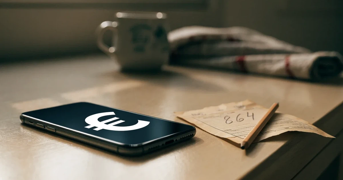 Ein Taschenrechner, ein Stift und ein Smartphone mit dunklem Bildschirm liegen auf einem Küchentisch im Morgenlicht.