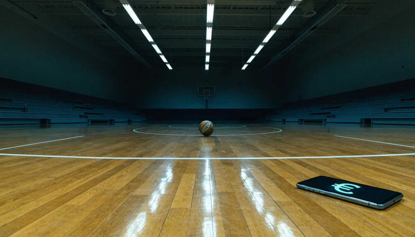 Ein Basketballfeld in einer leeren Halle, das Parkett spiegelt das Deckenlicht.