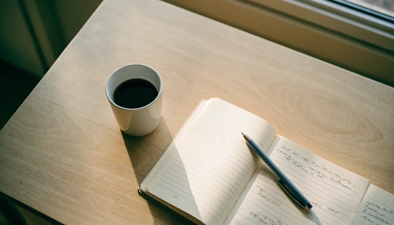 Ein aufgeschlagenes leeres Notizbuch mit Kugelschreiber neben einer Tasse Kaffee auf einem Tisch am Fenster.