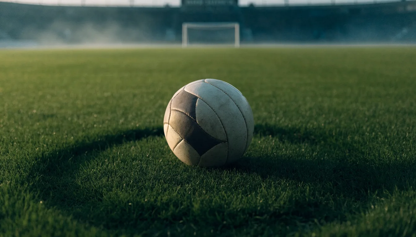 Ein Fußball liegt auf dem Anstoßpunkt eines leeren Rasenplatzes, im Hintergrund hängt Morgendunst über den Tribünen.