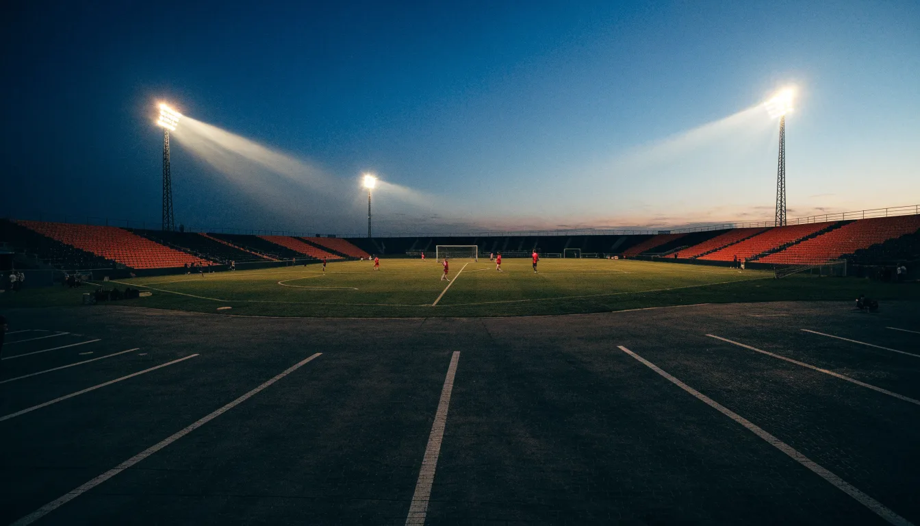 Ein Fußballstadion unter Flutlicht, aus großer Entfernung bei Einbruch der Dunkelheit gesehen, davor ein leerer Parkplatz.