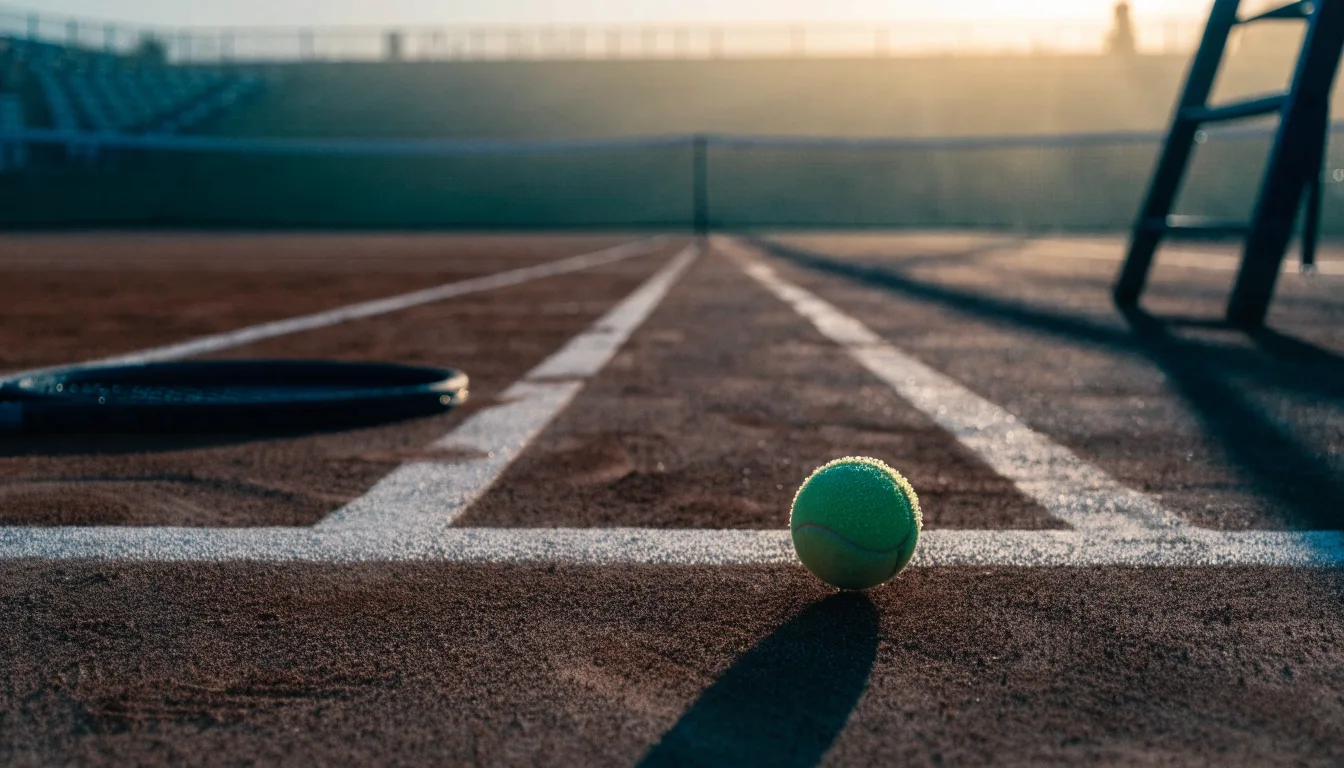 Ein Tennisplatz bei Sonnenaufgang, die Linien noch taufeucht, ein einzelner Ball liegt an der Grundlinie.