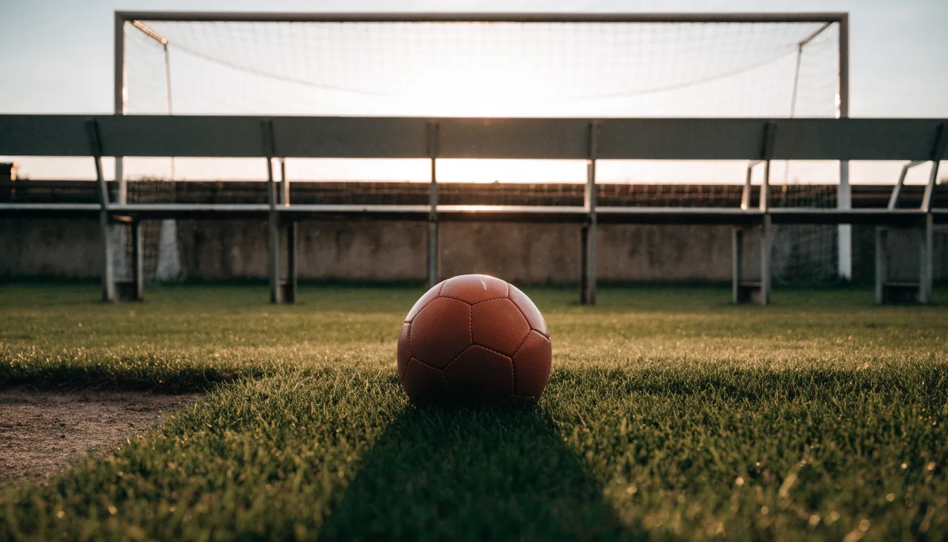 Ein Fußball liegt im Gras am Spielfeldrand, dahinter eine leere Bank und ein Tor im Gegenlicht.