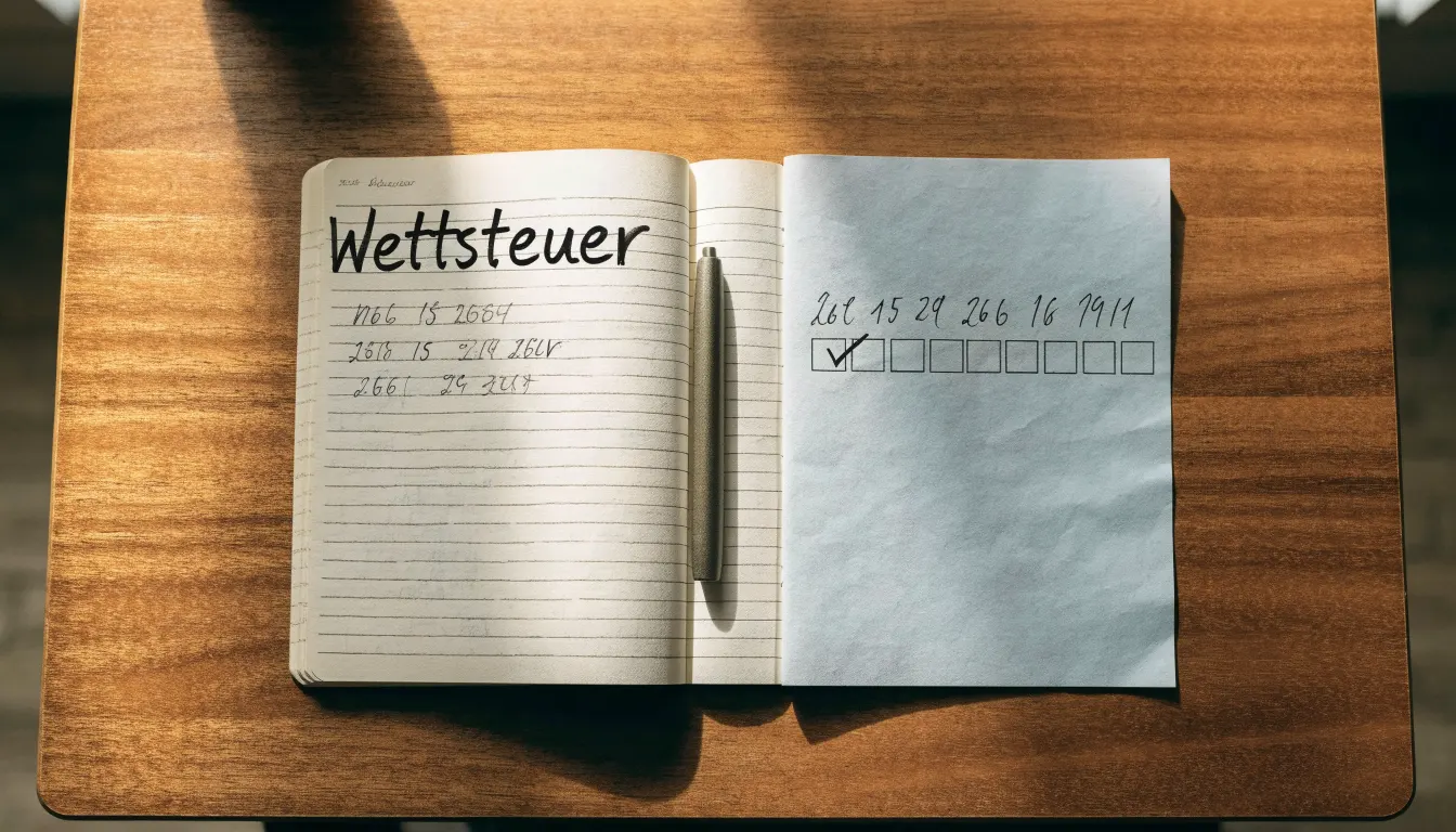 Ein Notizbuch mit handschriftlichen Notizen liegt aufgeschlagen neben einem leeren Papier-Wettschein auf einem Holztisch.