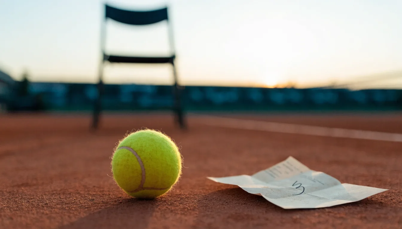 Ein Tennisball liegt auf einem roten Sandplatz bei Sonnenaufgang, im Hintergrund ein leerer Schiedsrichterstuhl.