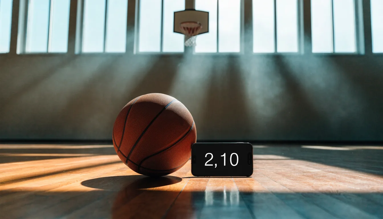 Ein Basketball liegt auf dem Parkett einer leeren Halle, Licht fällt durch hohe Fenster.