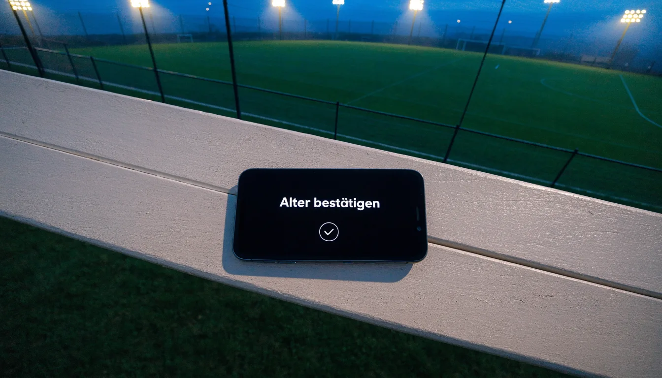 Eine Flutlichtanlage über einem leeren Sportplatz am Abend, im Vordergrund ein Maschendrahtzaun.