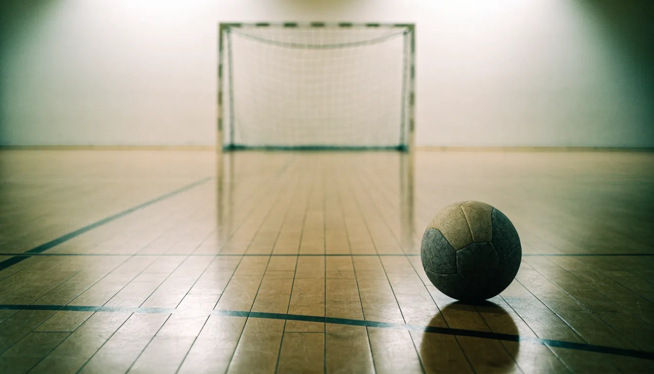 Ein Handball liegt in einer leeren Halle auf dem Boden vor dem Tor.
