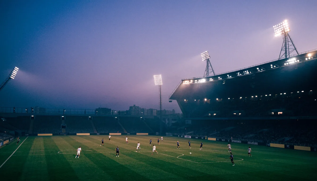 Ein Stadion bei Dämmerung mit eingeschalteten Flutlichtmasten, von einer Brücke aus aufgenommen.