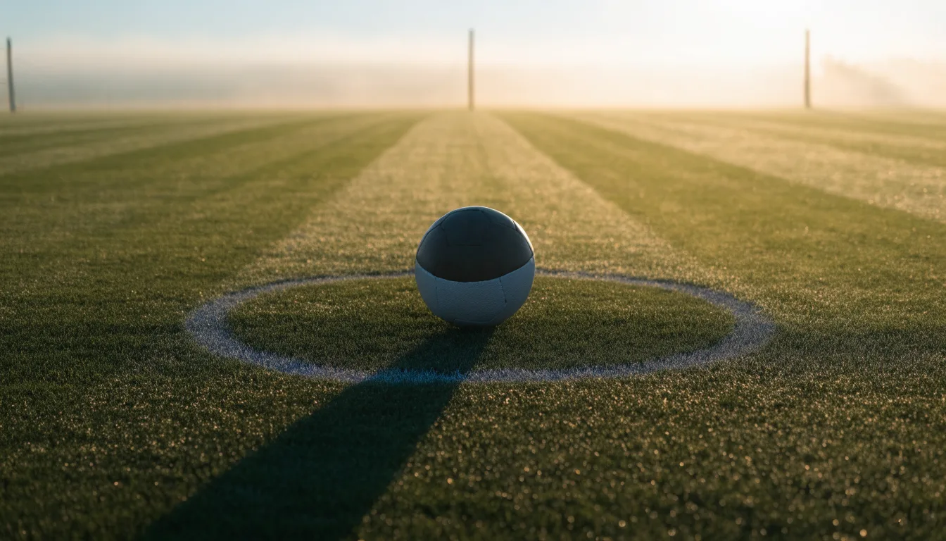 Ein Fußball liegt auf dem Anstoßkreis eines leeren Rasenplatzes im frühen Morgenlicht.