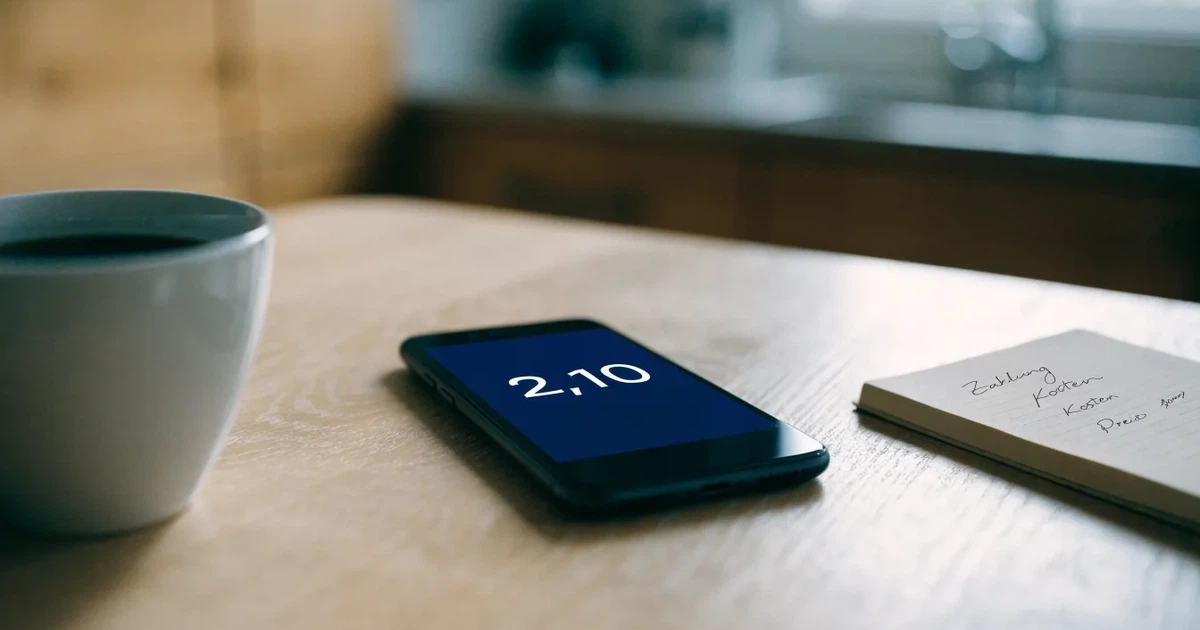 Ein Smartphone mit dunklem Display liegt neben einer Kaffeetasse und einem Notizbuch auf einem Küchentisch.