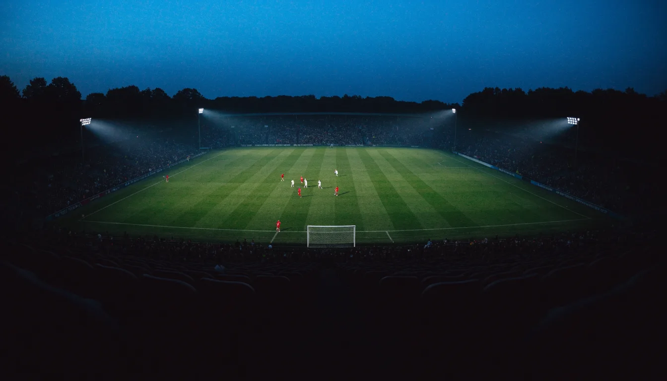 Ein Stadion unter Flutlicht aus großer Entfernung, davor die Silhouetten von Bäumen im Abendhimmel.