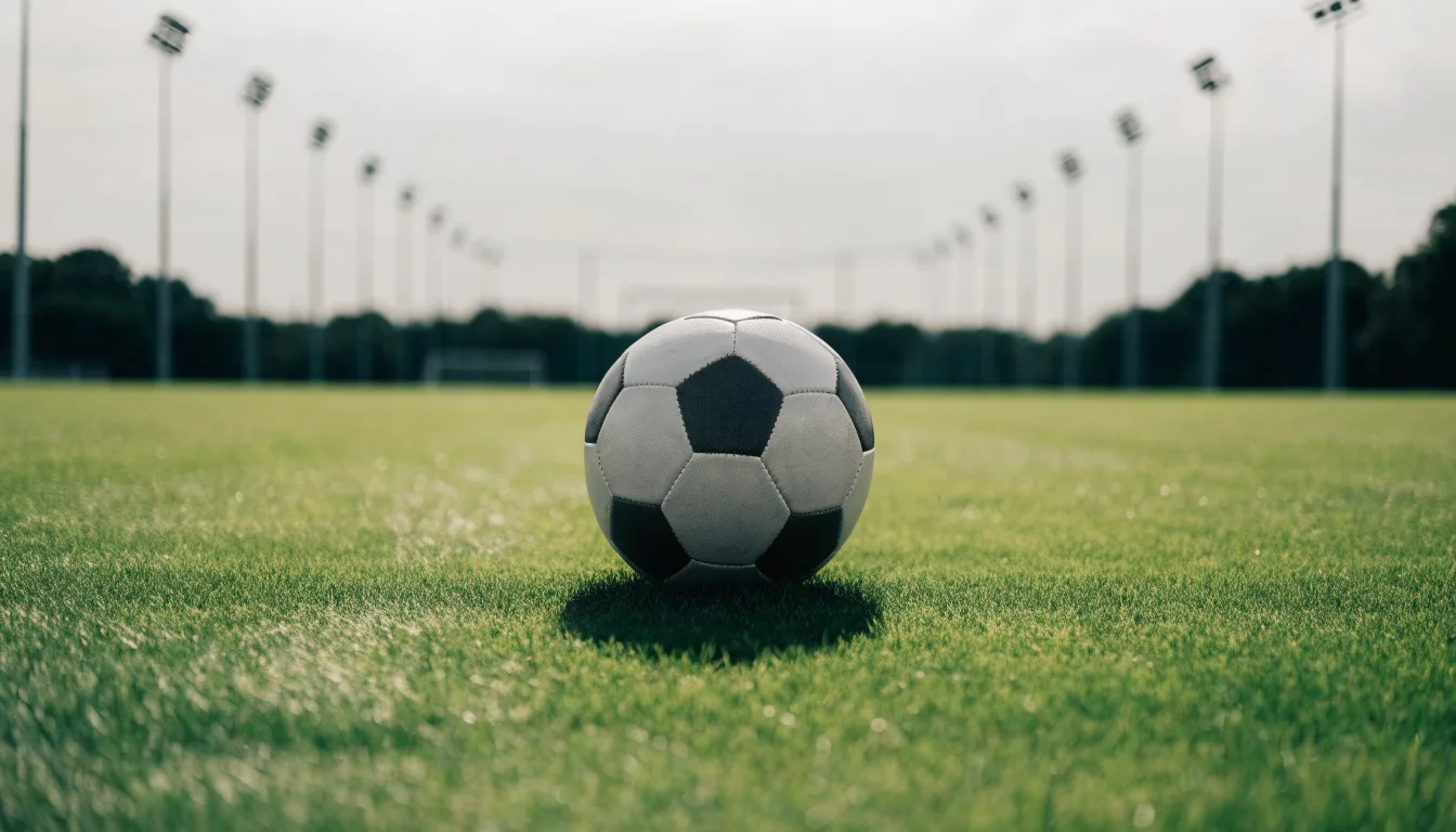 Ein Fußball auf einem Rasenplatz, im Hintergrund Flutlichtmasten und ein bewölkter Himmel.