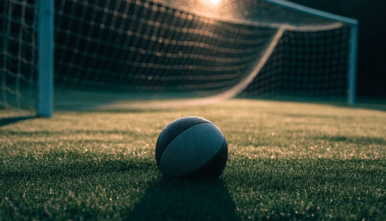 Ein Fußball auf dem Rasen vor einem leeren Tor im frühen Morgenlicht.
