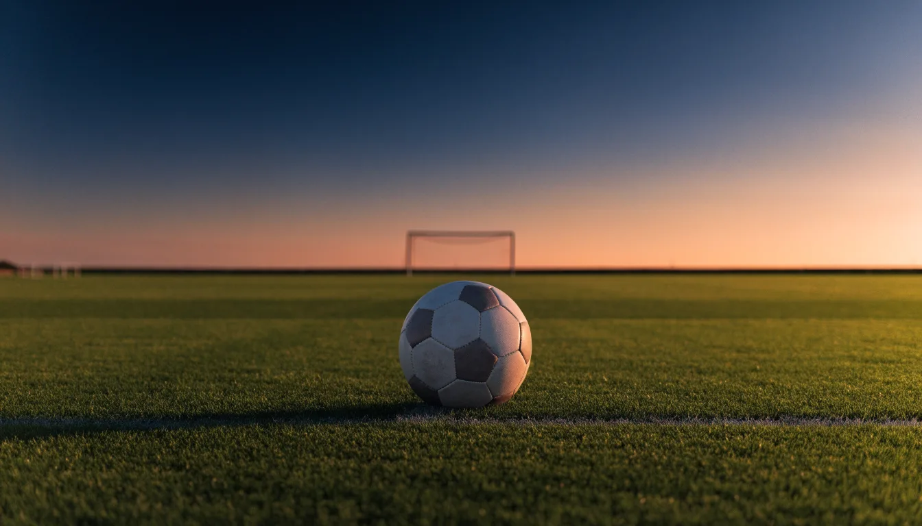 Ein Fußball liegt in der Mitte eines leeren Rasenplatzes, am Horizont färbt sich der Himmel orange.