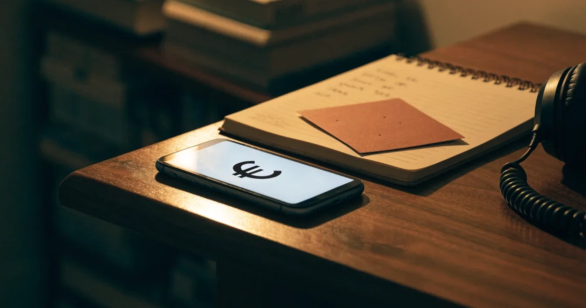 Ein Smartphone mit schwarzem Display liegt neben Kopfhörern auf einem Schreibtisch, daneben ein aufgeschlagenes Notizbuch.