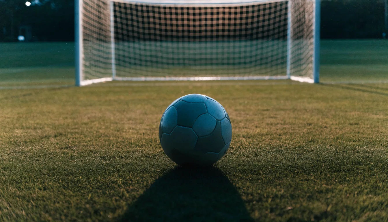 Ein Fußball liegt im Strafraum eines leeren Platzes, dahinter die Netze des Tores im Abendlicht.