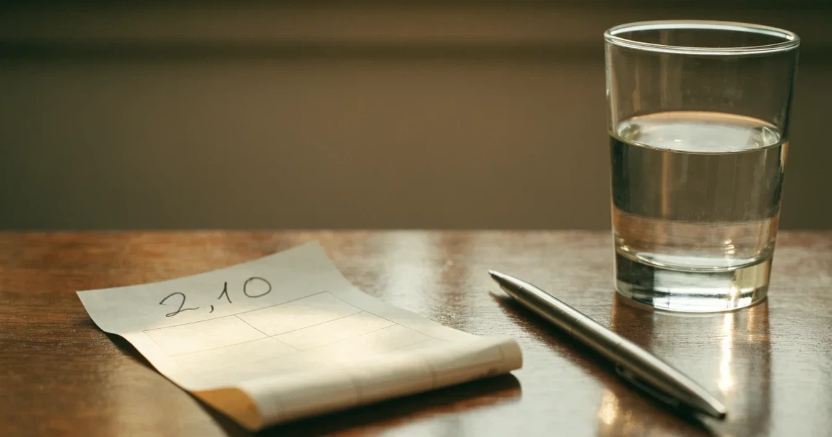 Ein leerer Papier-Wettschein liegt zusammen mit einem Kugelschreiber auf einem Tisch, daneben ein Glas Wasser.