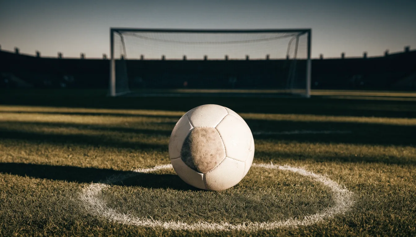Ein Fußball liegt auf dem Elfmeterpunkt eines leeren Platzes im Abendlicht.