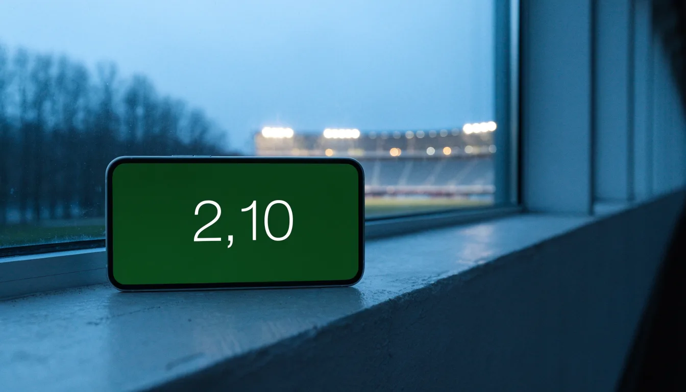 Ein Stadion unter Flutlicht, aus großer Entfernung gesehen, davor eine Reihe kahler Bäume im Dämmerlicht.