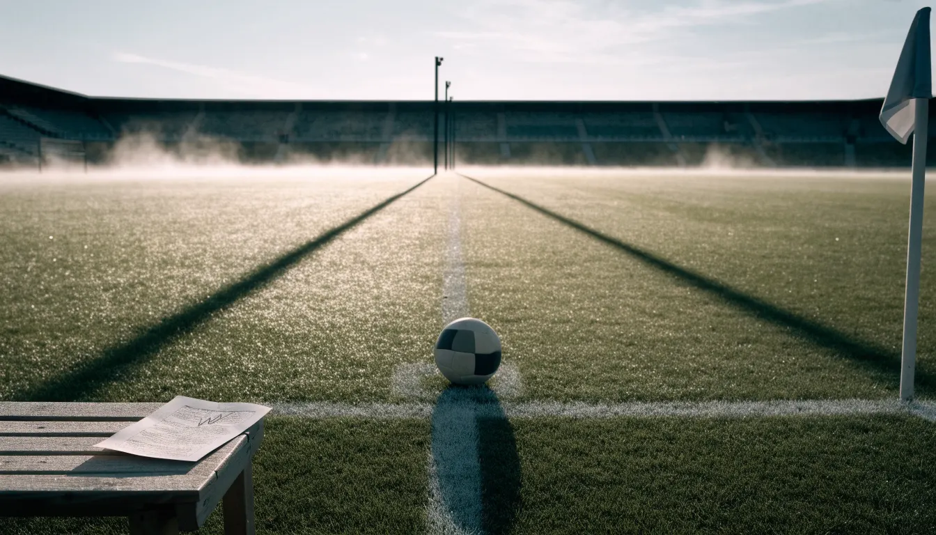 Ein Fußball auf dem Mittelkreis eines leeren Rasenplatzes im frühen Morgenlicht.