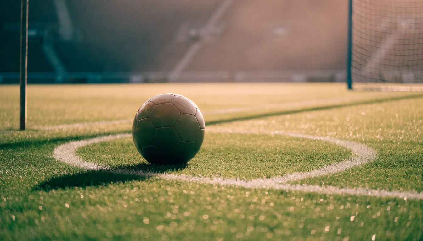 Ein Fußball liegt am Rand des Mittelkreises auf einem leeren Rasenplatz bei Sonnenaufgang.