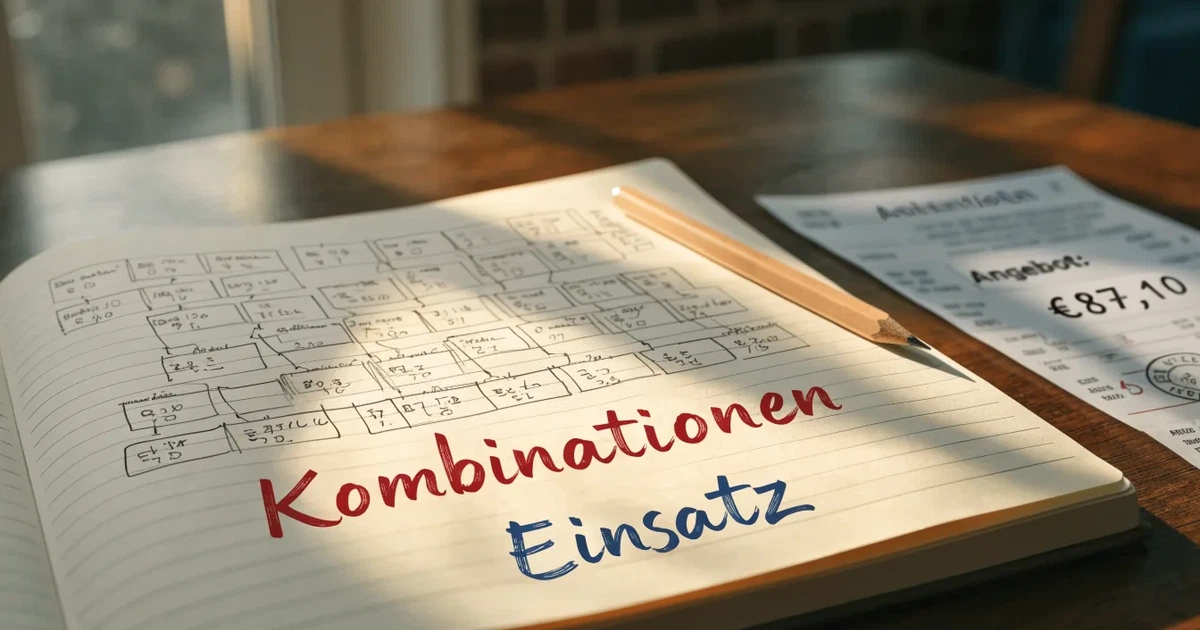 Ein Notizbuch mit handschriftlichen Kästchen und Linien liegt neben einem Bleistift und einem Taschenrechner auf einem Schreibtisch.