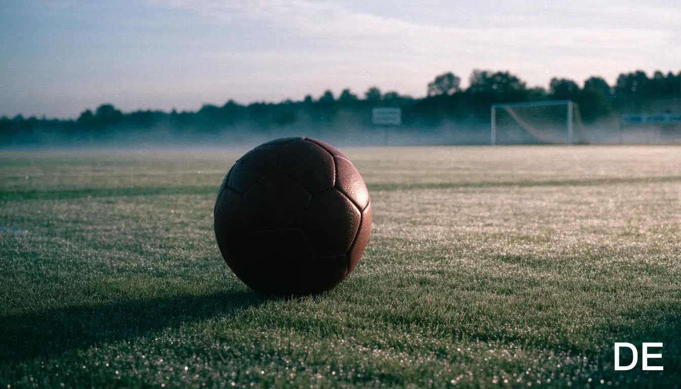 Ein Fußball auf dem Rasen eines leeren Sportplatzes am Rand einer Kleinstadt im Morgenlicht.