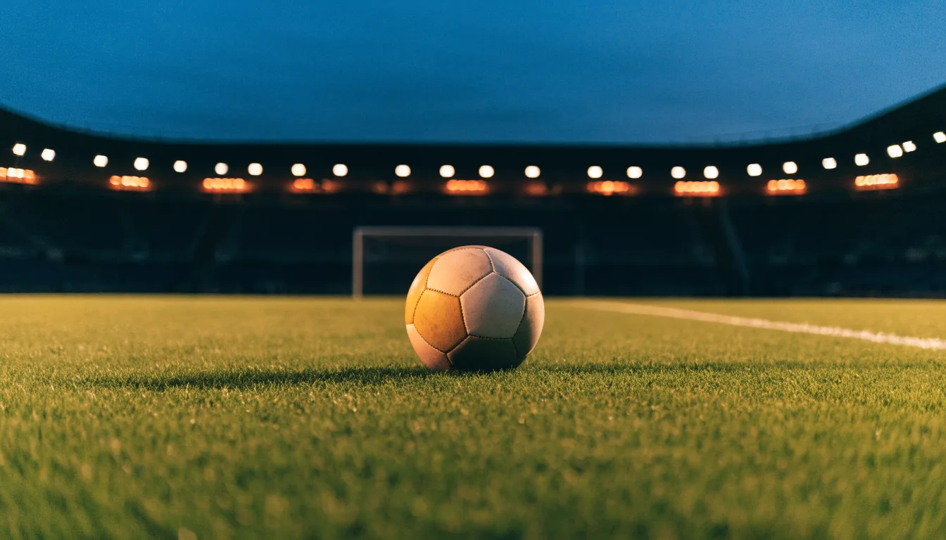 Ein Fußball liegt auf dem Anstoßpunkt eines leeren Rasenplatzes, im Hintergrund ein Stadion unter Flutlicht in der Abenddämmerung.