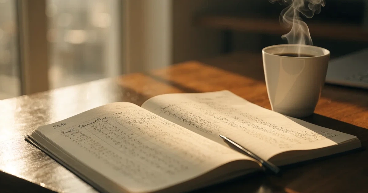 Ein Notizbuch mit handschriftlichen Rechnungen und ein Taschenrechner liegen auf einem Schreibtisch neben einer Tasse Kaffee im Licht des frühen Morgens.